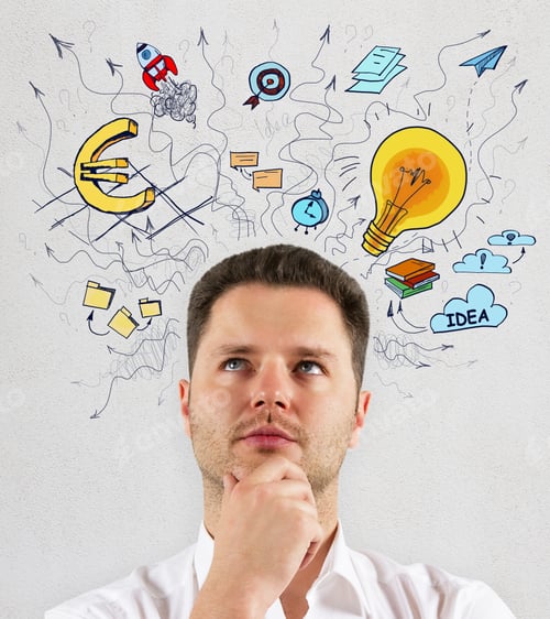 Preview: Business Sketch. Thoughtful Businessman Portrait On Concrete Wall Background With Drawing. Success