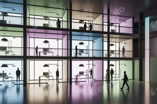 Preview: Perspective View On Modern Three Floors Coworking Office Or Show Room With Small Parlors With Work