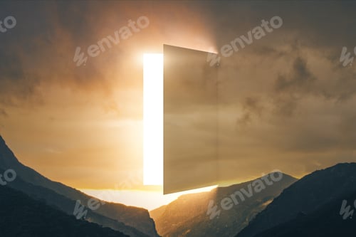 Preview: Open Door On Creative Mountain Background. Travel, Opportunity And Dream Concept