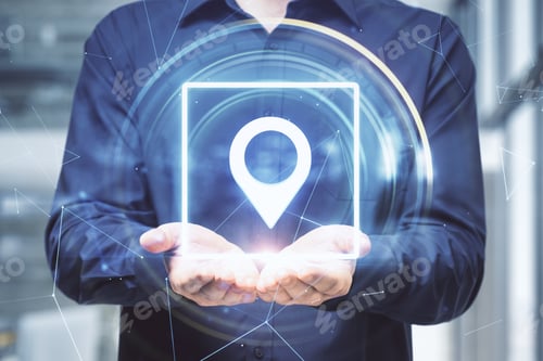 Preview: Businessman Holding Glowing Geolocation Gps Interface. Geolocation And Distributed Data Concept