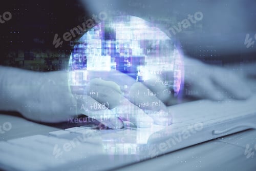 Preview: Close Up Of Hands Using Keyboard With Human Skull Hologram. Web Danger, Hacking And Phishing