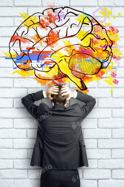 Preview: Back View Of Stressed Businessperson On Brick Background With Brain Sketch. Brainstorming Concept