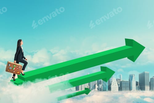 Preview: Side View Of Young Businesswoman With Travel Suitcase Walking On Green Arrows On Sky And City