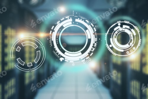 Preview: Abstract Business Interface On Blurry Server Room Background. Innovation Concept. Double Exposure