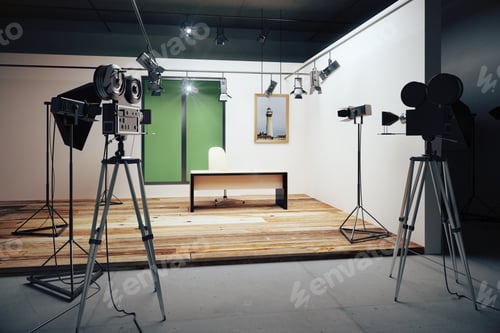 Preview: Film Studio Office Decorations With Vintage Movie Cameras 3D Render