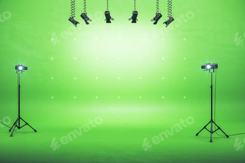 Preview: Minimal Techno Concept With Modern Empty Green Hall With Blank Wall And Spotlight. 3D Rendering