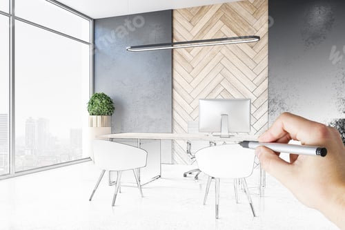 Preview: Modern Hand Drawn Office Interior With City View And Daylight. Workplace Design And Sketch Concept.