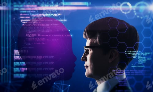 Preview: Creative Programming Background With Head Outline. Ai And Coding Concept. Double Exposure