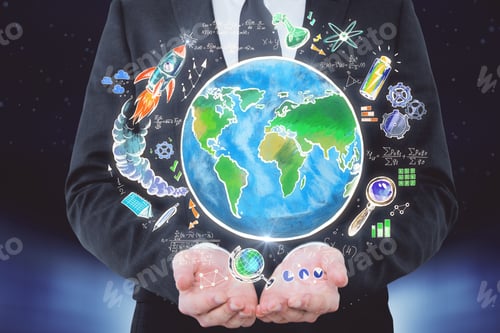 Preview: Businessman Holding Creative Globe Sketch On Blurry Background. Science And Universe Concept