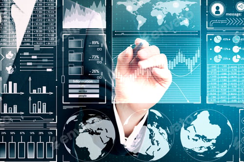 Preview: Businessman Hand Using Digital Business Interface. Hologram And Innovation Concept. Double Exposure