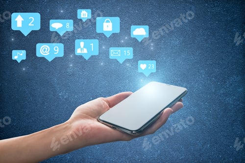 Preview: Hand Holding Mobile Phone With Social Media Icons On Blue Concrete Background. Communication And