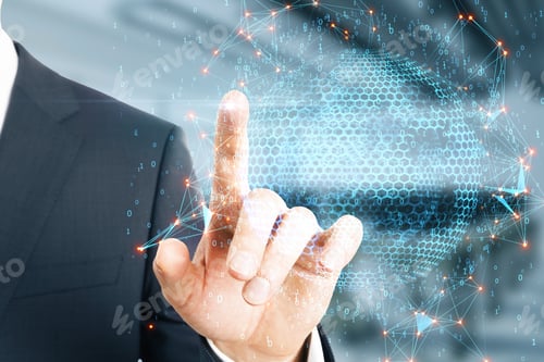 Preview: Close Up Of Businessman Hand Clicking At Abstract Globe Sphere With Coding And Polygonal Network On