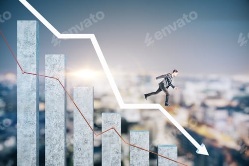 Preview: Businessman Runs Down On Falling Business Chart With Downtrend Graph On City Background. Trade 2020