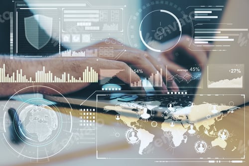 Preview: Business Technology Concept With Digital Screen With Diagram, Graphs And Data Analysis And Man