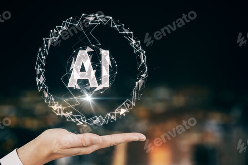 Preview: Artificial Intelligence Concept With Man Hand And Soaring Sign Of Ai Letters At Blurry Night City