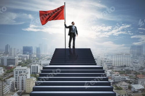 Preview: Young European Man With Flag Standing On Stairs On Blurry City Background. Success, Achievement And