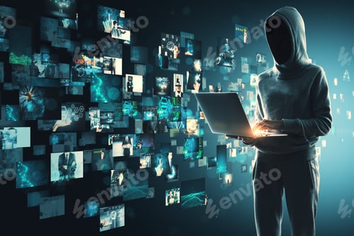 Preview: Person In Hoodie And With Laptop Hacking Creative Digital Picture Gallery. Media And Hack Concept