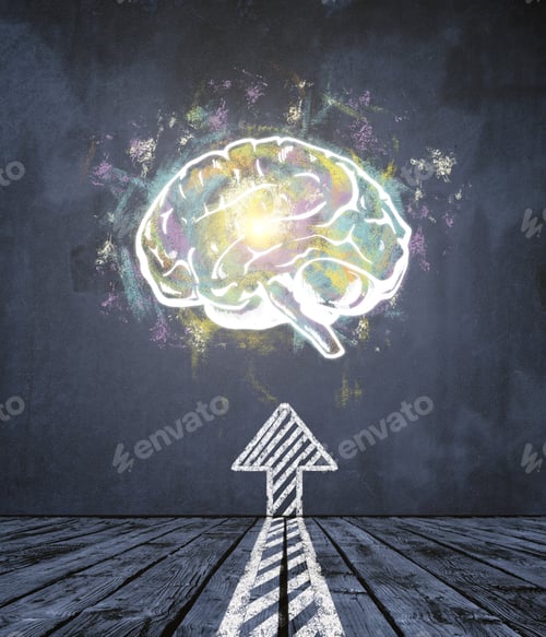 Preview: Creative Brain Sketch In Interior With Concrete Wall. Brainstorm And Solution Concept