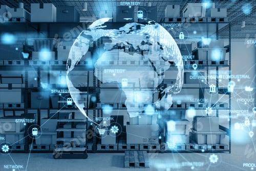Preview: Creative Digital Logistics, Delivery And Transportation Hologram With Globe And Network On Blurry