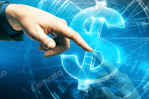 Preview: Hand Using Creative Glowing Blue Dollar Icon Interface Hud On Dark Blurry Background. Money And