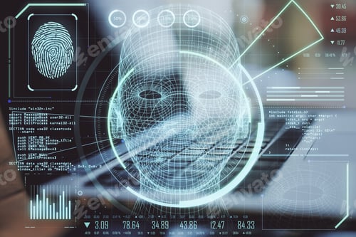 Preview: Laptop Computer On Table With Glowing Head Outline Interface On Blurry Office Background. Ai And