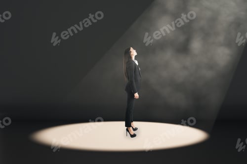 Preview: Side View Of Young Businesswoman Stansing In Spot Lighting In Dark Interior. Choice And Leadership