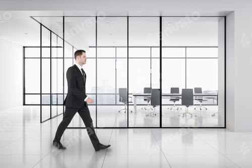 Preview: Businessman Walking In Bright Meeting Room Interior With City View And Daylight.