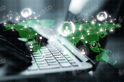 Preview: Hand Usingt Backlit Laptop With Digital Polygonal Map. Global Business And Network Concept. Double