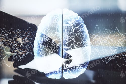 Preview: Hand Using Tablet With Creative Brain And Lines On Desktop. Artificial Intelligence And Innovation