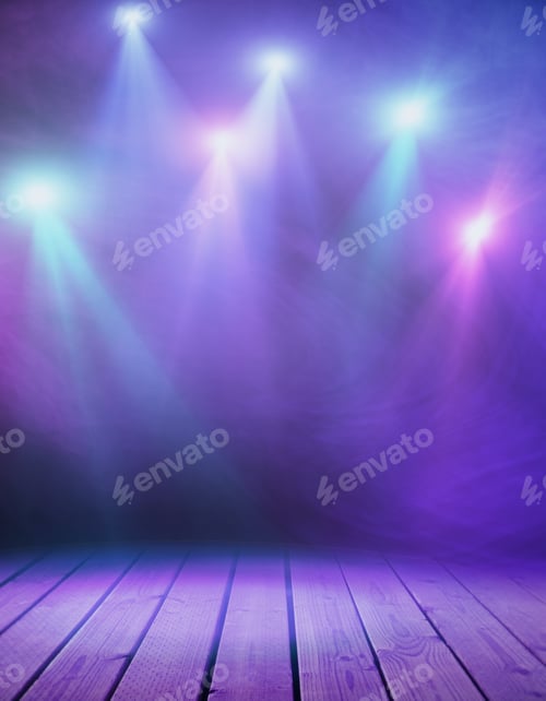Preview: Wooden Stage With Purple Smoke And Spotlights. Presentation Concept