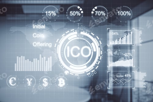 Preview: Creative Digital Interface On Blurry Office Interior Background. Cryptocurrency And Ico Concept