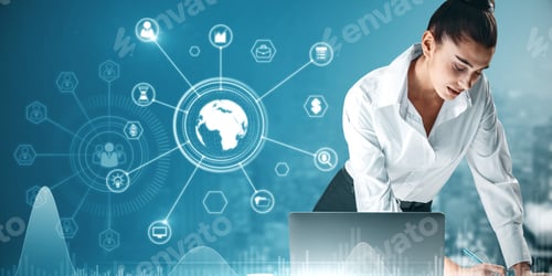 Preview: Attractive European Businesswoman Working At Desktop With Laptop And Abstract Glowing Business Data