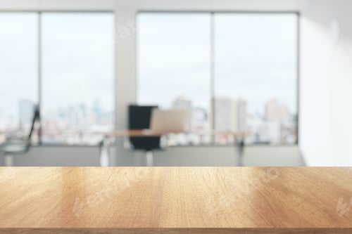 Preview: Wooden Table In Sunny Office With Big Windows