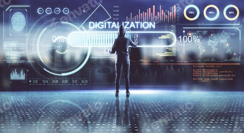 Preview: Digitalization Concept With Human Back Working In Virtual Reality Room With Stats Data Indicators