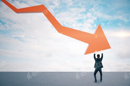 Preview: Businessman Holding Stock Crash Red Arrow On Cloud Background. Business And Financial Crisis