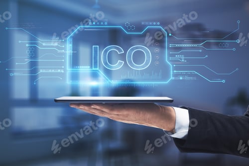 Preview: Close Up Of Hand Holding Tablet With Creative Ico Chip Hologram On Blurry Office Interior