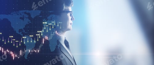 Preview: Side View Of Young Businessman On Abstract Blurry City Background With Forex Chart And Mock Up