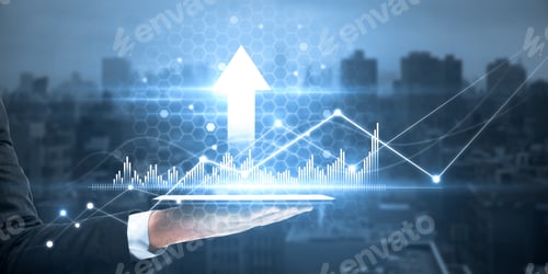 Preview: Close Up Of Male Hand Using Tablet With Creative Glowing Arrow With Business Chart On Blurry City