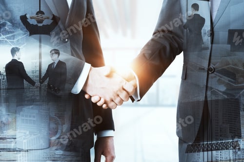 Preview: Close Up Of Abstract Handshake On Abstract City Background With Coffee Cup And Laptop. Coworking