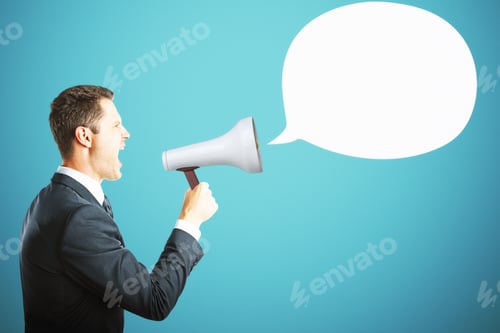 Preview: Side View Of Handsome Young Businessman Screaming Into Megaphone On Blue Background With Empty