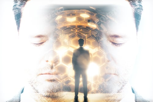 Preview: Abstract Portrait And Back View Of Thoughtful Businessman Looking At Golden Cell Sphere. Double