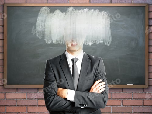 Preview: Abstract Businessman With Erased Head On White Brick Background With Chalkboard. Inspiration Concept