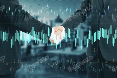 Preview: Business Partnership With Double Exposure Of Handshaking Men And Abstract Financial Chart. Business