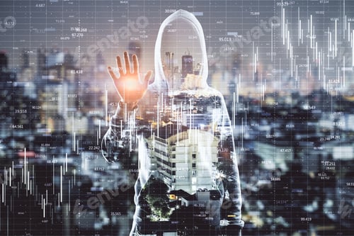 Preview: Front View Of Young Hacker On Bright Night Kuala Lumpur City Background With Big Data Background