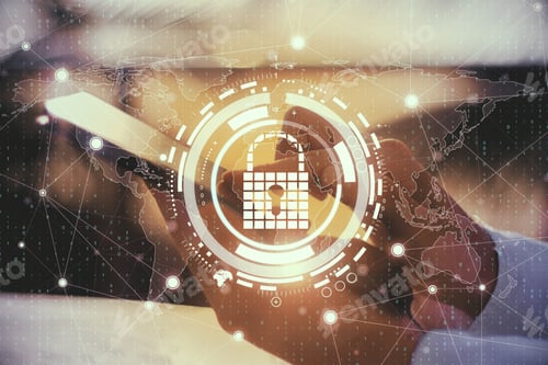 Preview: Close Up Of Hands Using Touchpad With Creative Glowing Digital Padlock Interface On Blurry