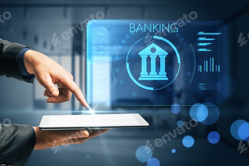 Preview: Businessman Hand Pointing At Tablet With Creative Online Banking Hologram On Blue Blurry