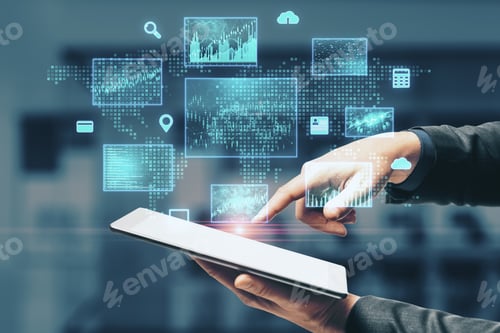 Preview: Businessman Hand Using Tablet With Digital Business Interface. Global Business And Financial