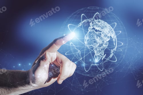 Preview: Close Up Of Businessman Hand Pointing At Abstract Glowing Globe Hologram On Blurry Blue Background