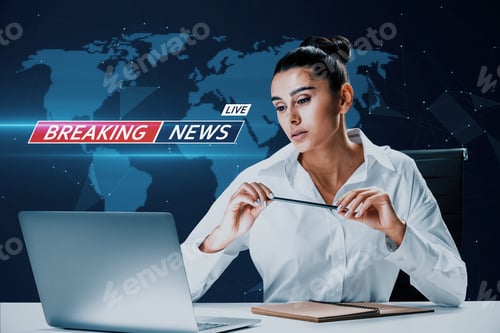 Preview: Portrait Of Attractive Young European Woman At Desktop With Laptop On Blurry Blue Breaking News