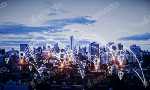 Preview: Glowing Night City With Map Location Pins. Social Network And Innovation Concept. Double Exposure